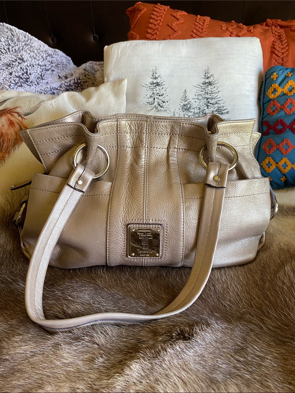 Tignanello Shimmery Gold Leather Shoulder Tote